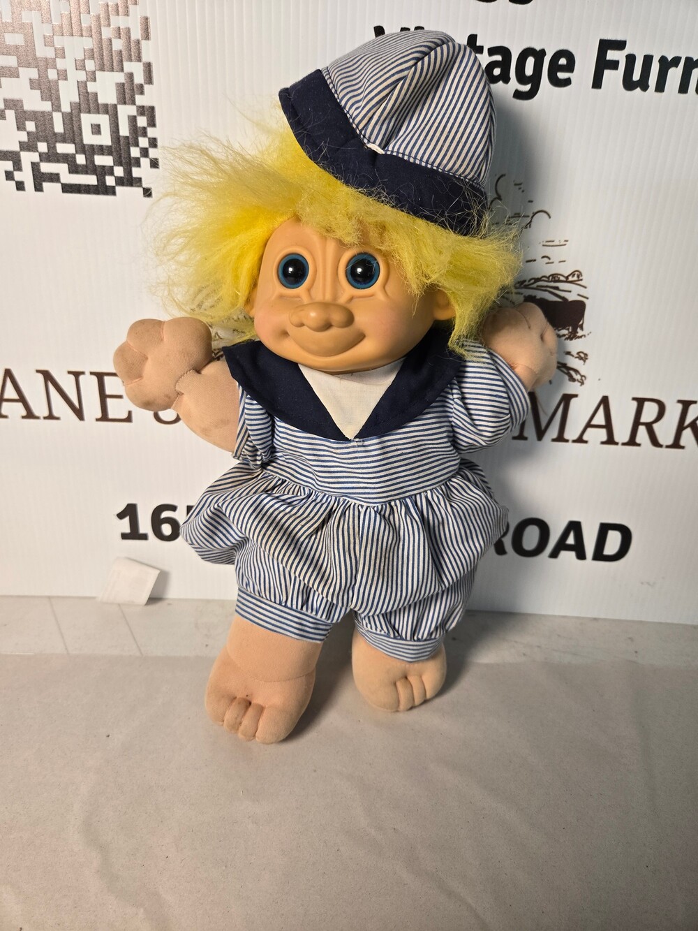 Large Vintage Troll Doll – Yellow Hair – Blue & White Sailor Outfit
